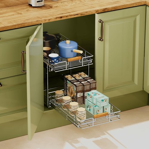 Mount Walker Pull Out Cabinet Organizer(11" W x 21" D), 2 Tier Wire Basket Slide Out Shelf Storage with Wood Handle, Pull Shelf Drawers for 12-1/4” Cabinet Opening, Chrome