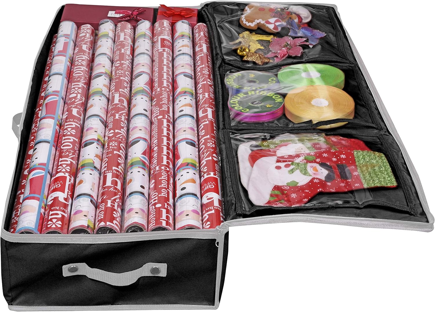 Primode Wrapping Paper Storage Container - Under Bed Gift Wrap Organizer | 41"x14"x6" | Holds 18-24 Rolls Up to 40" | Durable 600D Oxford Material | Includes Pockets for Ribbons and Bows (Black)