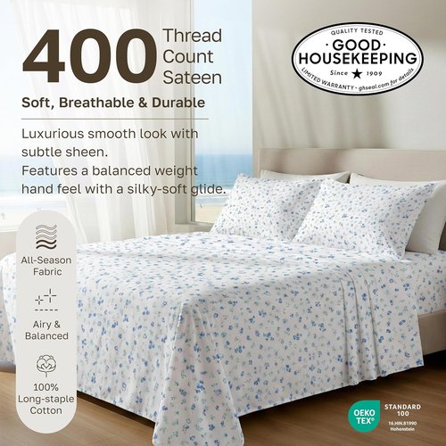California Design Den Twin XL Cotton Sheet Set - 100% Soft, 400 Thread Count, Award-Winning Floral White/Blue Bedding