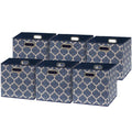 SIMPLE HOUSEWARE 11-Inch Collapsible Fabric Cube Storage Bin with Handles, Printed Design, 6 Pack, Steel Blue