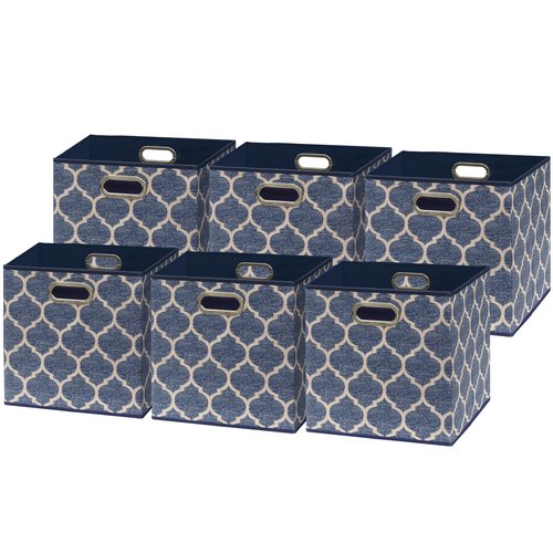 SIMPLE HOUSEWARE 11-Inch Collapsible Fabric Cube Storage Bin with Handles, Printed Design, 6 Pack, Steel Blue
