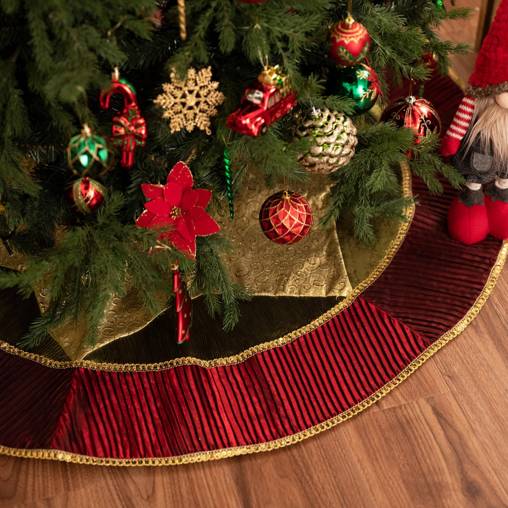 Valery Madelyn Christmas Tree Skirt for Tree Decorations, 48 Inch Traditional Red Green Gold Large Xmas Velvet Tree Skirt with Embroidery Patchwork & Tassels for Tree Merry Christmas Party Decor