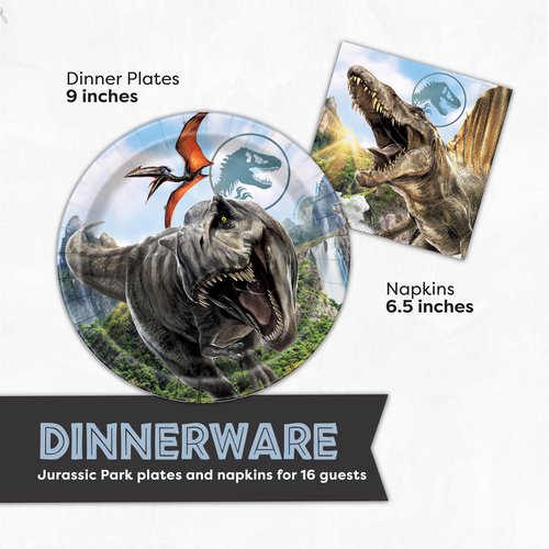 Jurassic Park Birthday Decorations for 16 | Door Poster Backdrop, Banner, Tablecloth, Plates, Napkins | Officially Licensed Jurassic World Party Decorations
