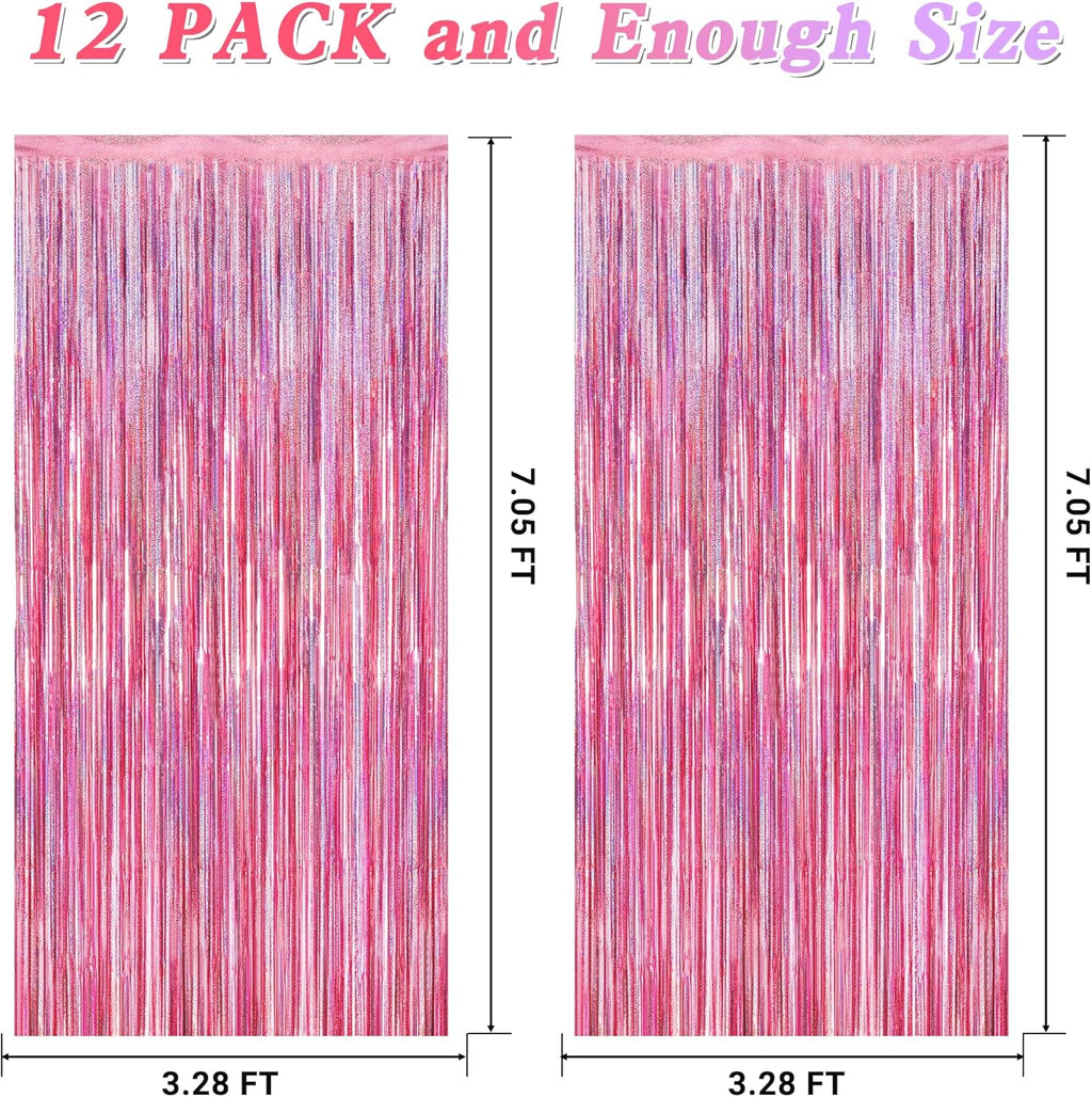 Skiennix Pink Backdrop - 12 Pack Metallic Glitter Tinsel Fringe Curtains | 3.28 FT x 7.05 FT Party Decor