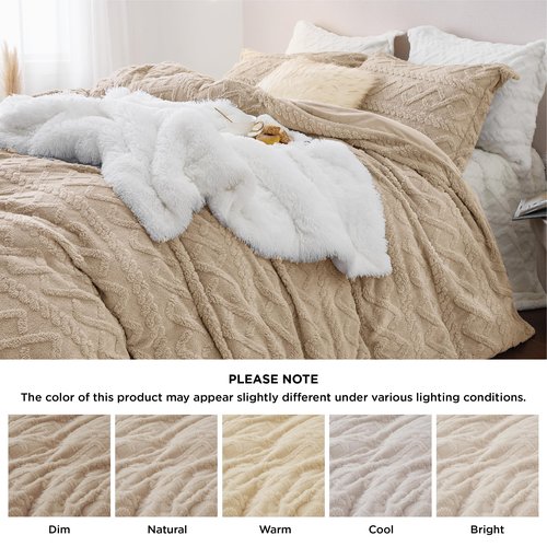 Bedsure Fluffy Flannel Duvet Cover Set - Faux Fur Comforter Cover Queen Size, Deep Beige Warm Plush Bedding for Winter, 3-Piece Set with Zipper Closure (90"x90") and 2 Pillow Shams