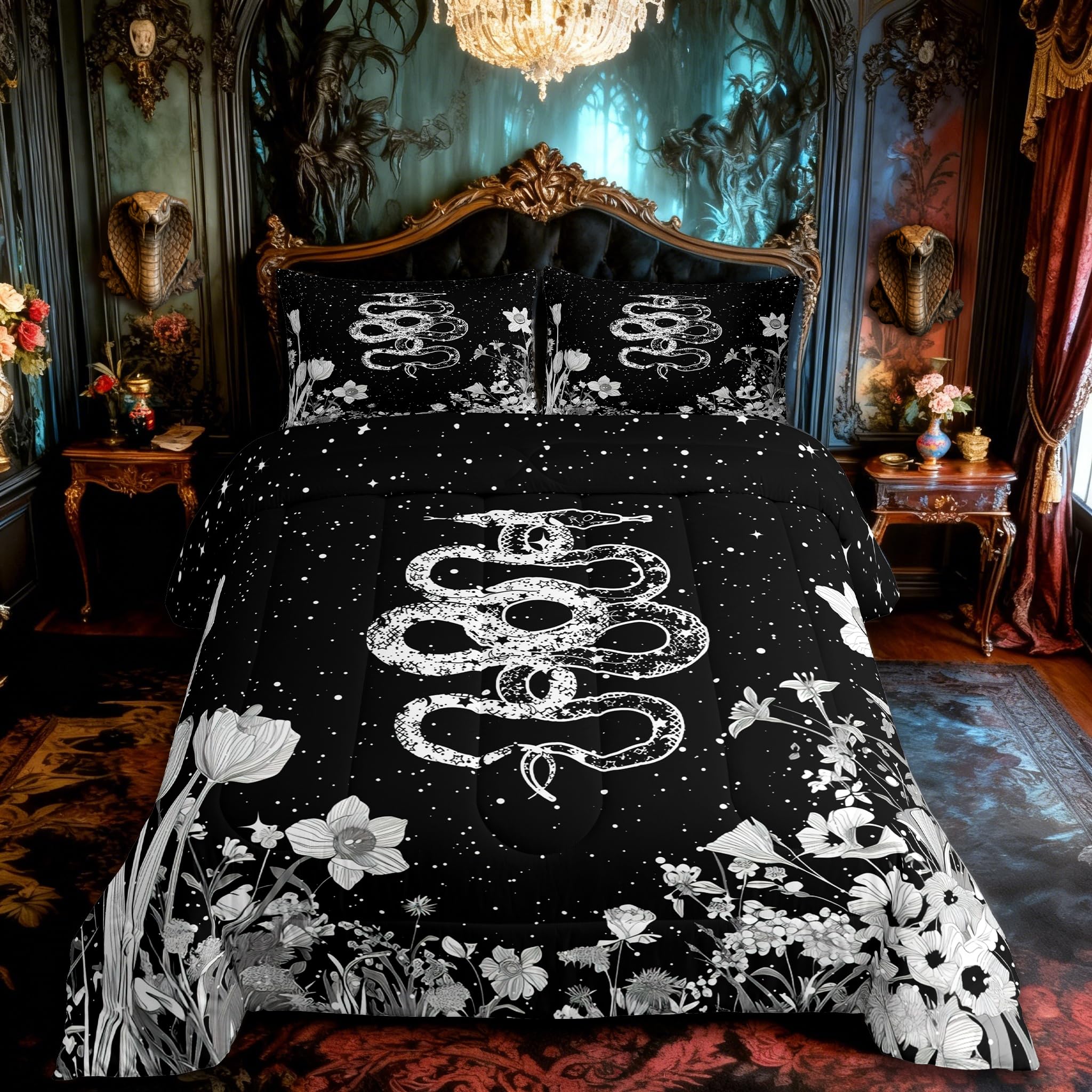 Snake Comforter Set Twin Size,Night Moon Starry Sky Bedding Set 2Pcs,Boho Flower Leaves Botanical Print Quilt Set for Kids Boys Girls Teens Room Decor Gothic Animal Duvet Insert,1 Pillowcase