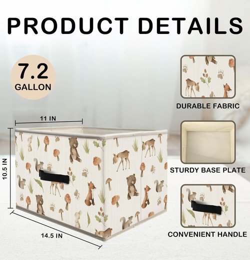 Nogrit Woodland Nursery Storage Bins Box, Toybox for Boys Girls, Forest Animal Mushroom Foldable Baskets Organizer Container with Handles for Bedroom Bathroom Kids Nursery Clothes Toys Books