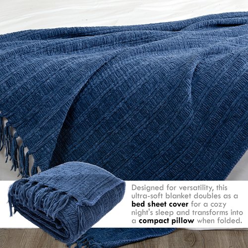 NANPIPER Knit Blanket Ultra-Soft Cozy Throw Handknit Style for Couch, Luxurious Lightweight Home Decor, Navy Blue 50"x60"
