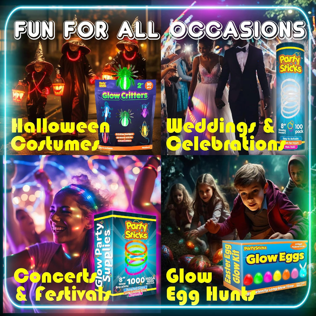 PartySticks Ultra Bright Glow Sticks - Glow in The Dark Party Supplies with Glasses, Bracelets & Connectors | Perfect for Halloween & 4th of July Celebrations