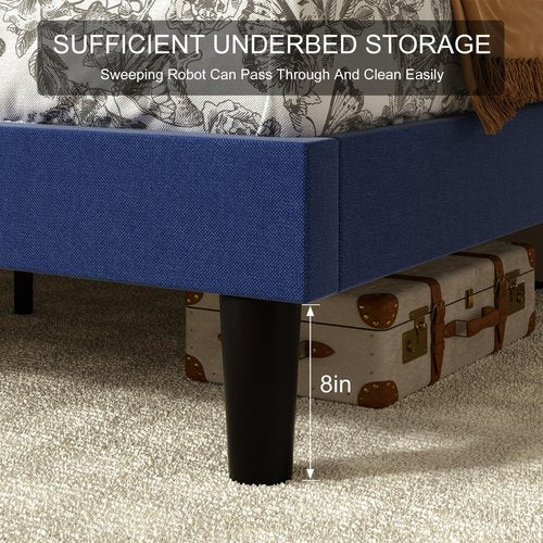 VECELO Twin Size Upholstered Platform Bed Frame with Adjustable Headboard, Wood Slat Support and Noise-Free, No Box Spring Needed, Easy Assembly, Blue