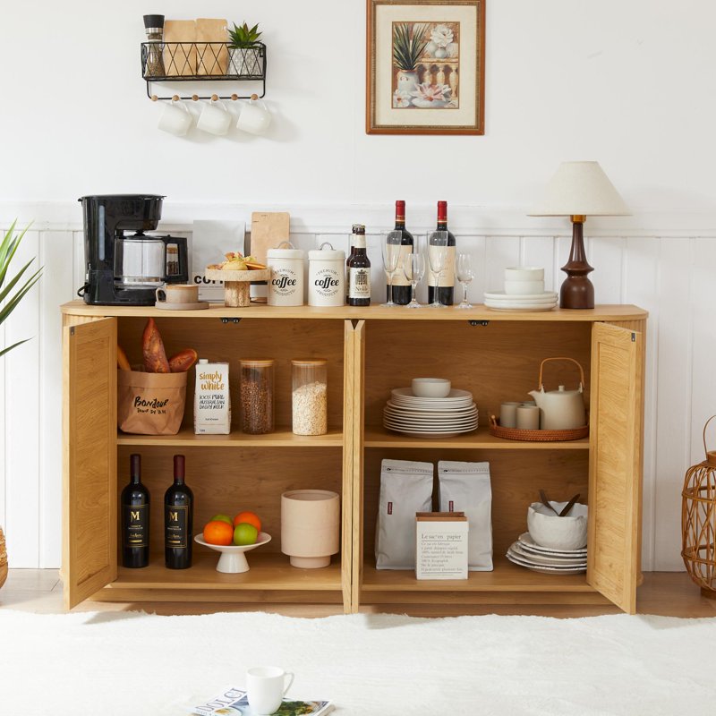 Media Console TV Stand for 64 Inch TV - Natural Oak with Rattan Doors