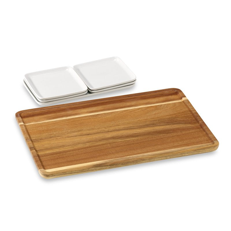 6-Piece White Porcelain Grazing Board Set with Acacia Wood Tray