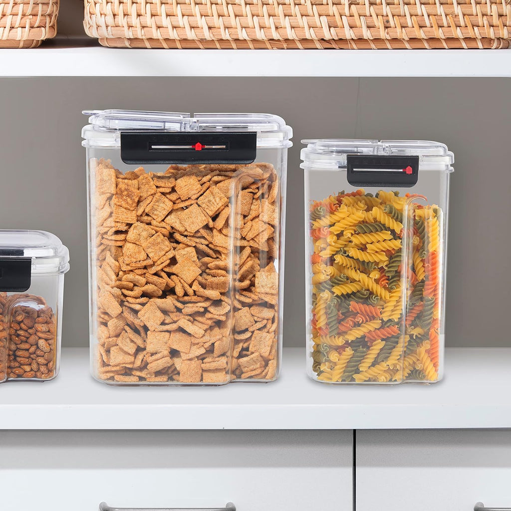 Oggi Easi Grip Moisture Proof Storage Containers, Set of 4, Ultra Clear BPA-Free Sealable Canisters, Pouring Lids, Date Reminder, Ideal Pantry Storage (23, 57, 60, 128 oz / 0.68, 1.7, 1.8, 3.8 lt)