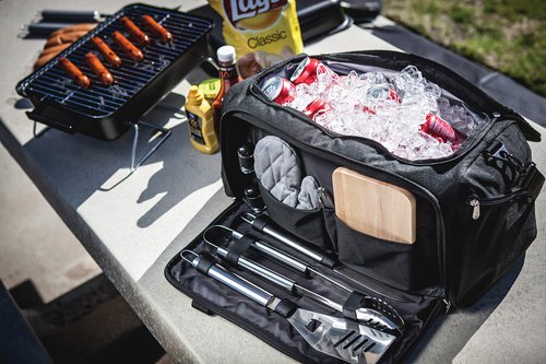 ONIVA - a Picnic Time brand BBQ Kit Grill Set & Cooler, Professional BBQ Accessories Set with Case for Outdoor, Complete Grill Accessories Kit with Cooler Bag, (Black)
