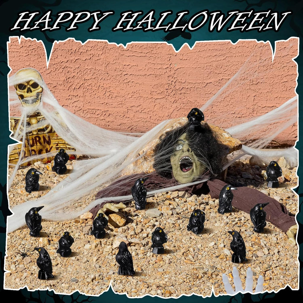 Skiennix Miniature Crows Decor - 50 Pcs Black Raven Resin Figurines for Spooky Holiday Scenes