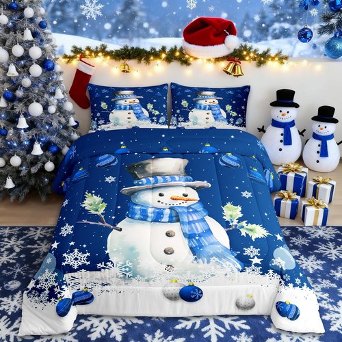 Homewish Cute Snowman Comforter Set Queen Size,Merry Christmas Quilt Set 3Pcs Xmas Bells and Snowflake Bedding Set for Kids Boys Girls Teens Room Decor Cartoon Blue White Duvet Insert,2 Pillowcases