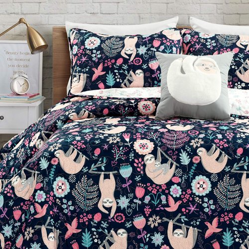 Lush Decor Hygge Sloth Quilt Set, Twin, Navy