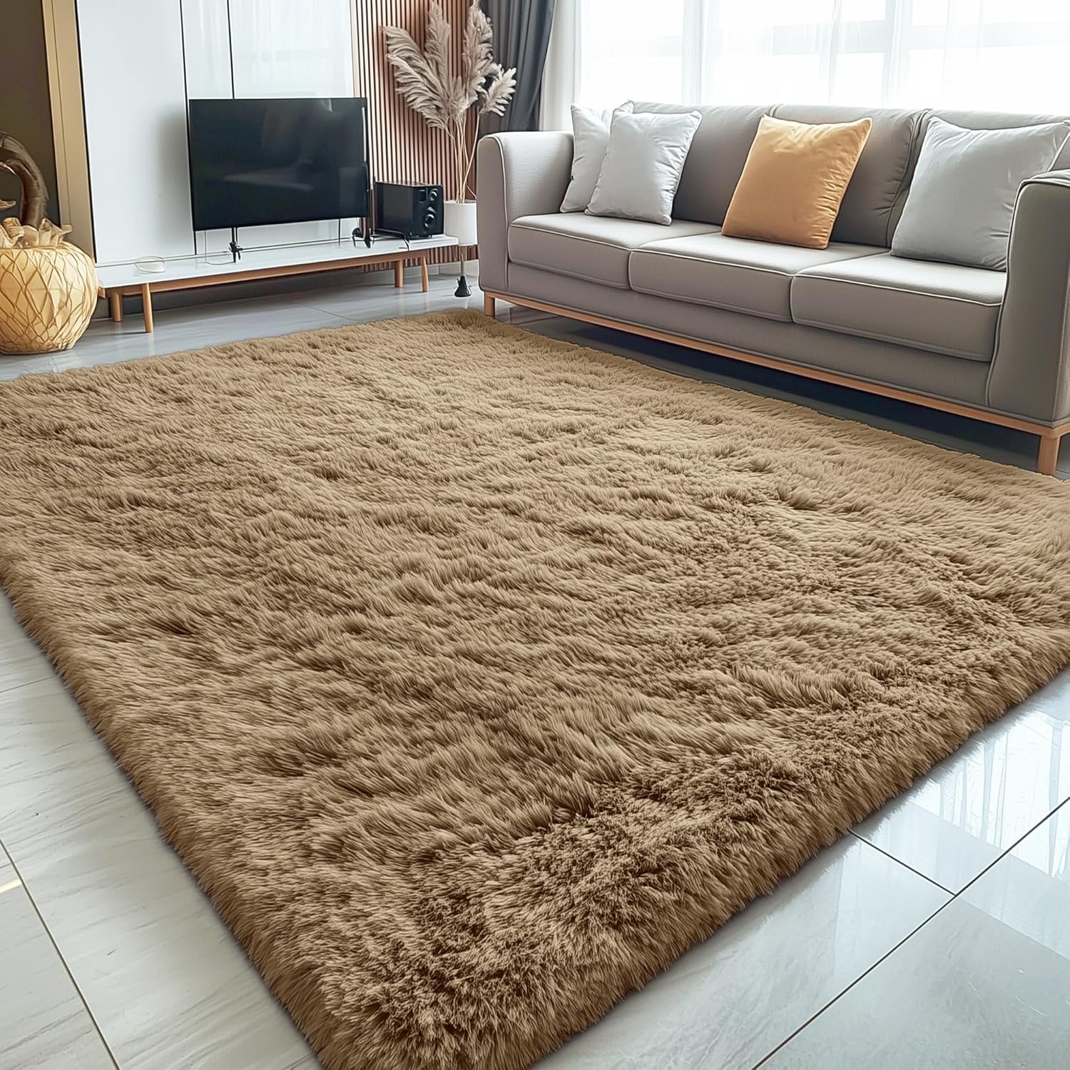 OLANLY Large Area Rug - Soft Fluffy Shaggy Carpet for Living Room & Bedroom | 5x7 Taupe Design
