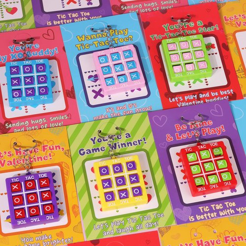 24 Pack Valentines Day Gifts for Kids Classroom Tic Tac Toe Game Keychains with Valentines Day Cards for Kids School, Valentines for Kids Class Exchange Cards Gifts Prizes Party Favors for Boys Girls