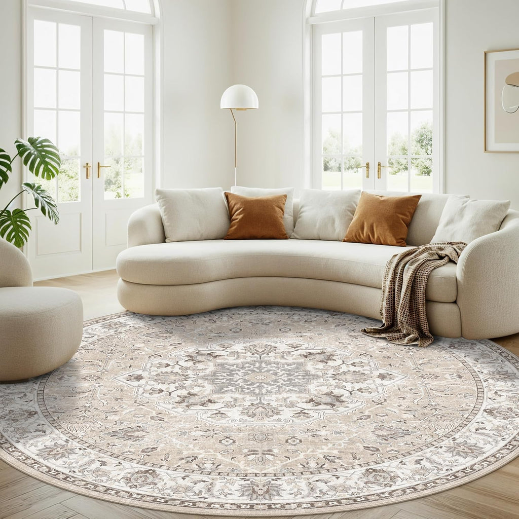 Skiennix 7x7 Living Room Area Rug - Washable Soft Round Oriental Print | Non-Slip, Stain Resistant Beige Mat