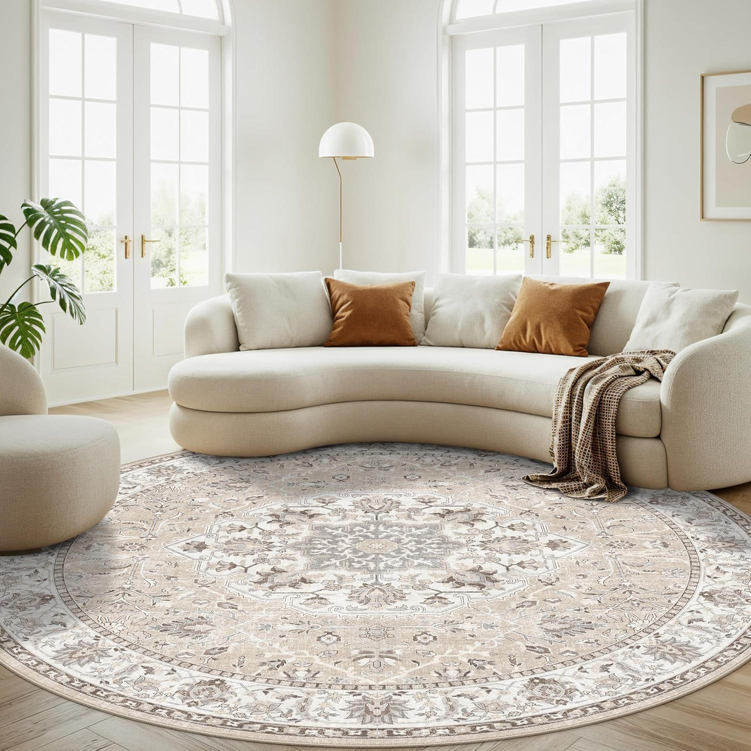 Skiennix Washable 6ft Circle Rug - Soft Low-Pile Area Rug for Living Room, Bedroom, Nursery | Beige