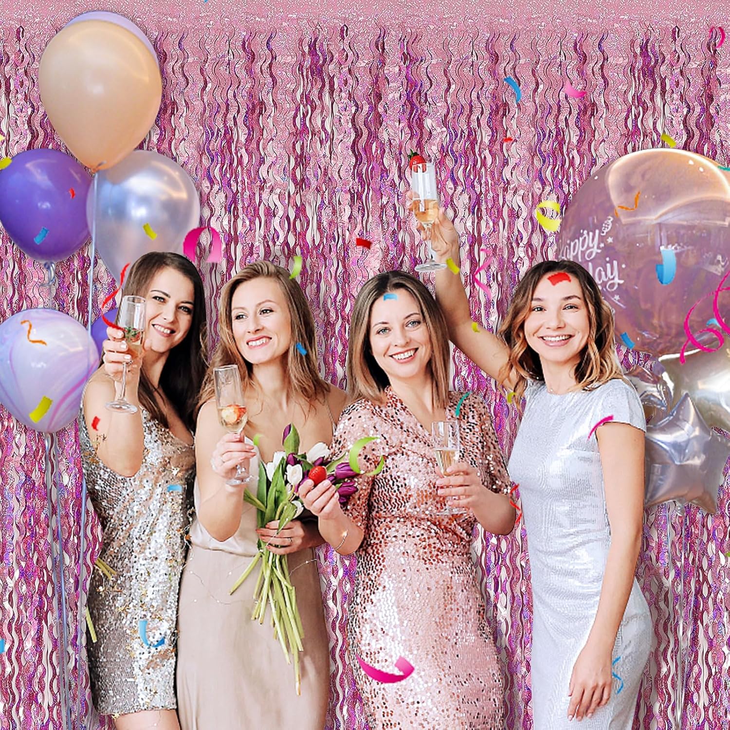 Skiennix Pink Streamers Fringe Backdrop - Metallic Tinsel Curtains for Party & Photo Booth Decor
