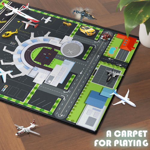 Isyorefam Play Rug for Kids Playroom, 3x4 Airport Carpet with City Road Traffic System and Aircraft Runway, Airport Playmat Airplane Rugs Non-Slip Washable Area Mat for Boys Bedroom