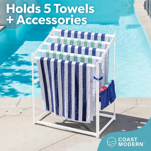 GoSports Towel Rack for Pool & Hot Tub Accessories - 5-Tier Modern Design - Free-Standing PVC Towel Storage & Drying Stand