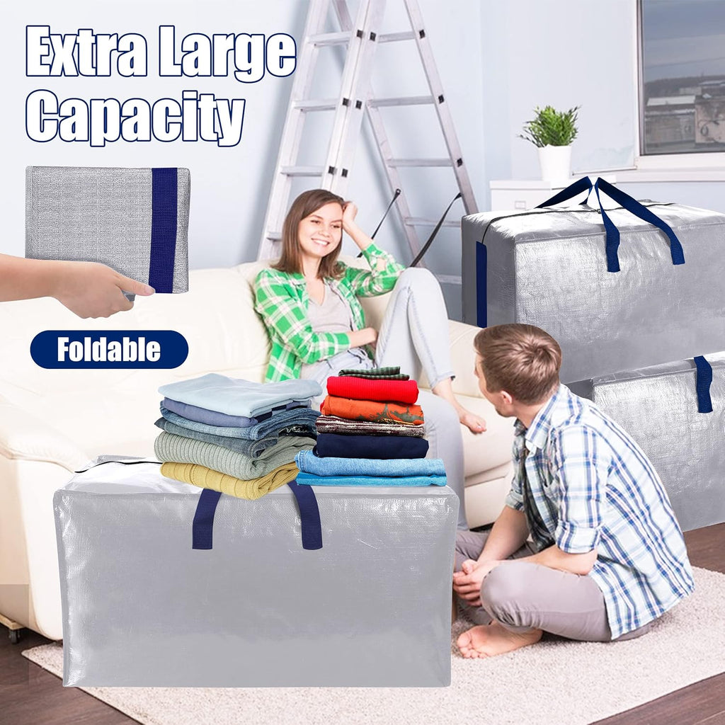 Sweet Dolphin Extra Large Moving Bags - Heavy Duty Storage Totes with Strong Zippers & Handles | 12 Pack, Silver
