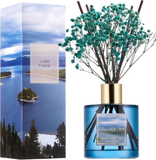 COCORRÍNA Reed Diffuser - Lake Tahoe 6.7 Fl. Oz Set with 8 Sticks & Preserved Baby's Breath | Elegant Home Decor