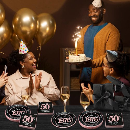 algpty 60 PCS Vintage 50th Birthday Plates and Napkins Set, 50th Birthday Decorations Rose Gold, Service for 30, 1976 Birthday Dessert Plates and Napkins Party Supplies for Women
