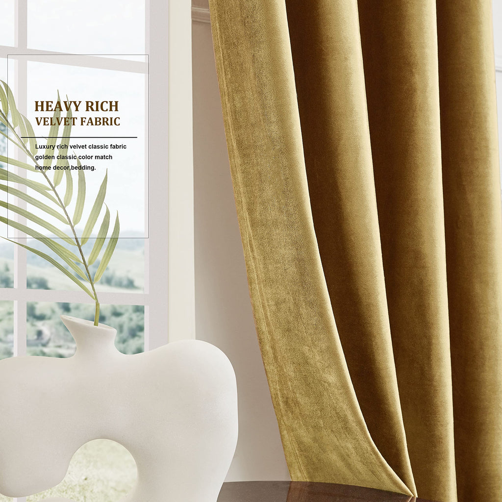 BULBUL Velvet Gold Curtains 120 inch Length- Living Room Blackout Thermal Window Drapes Darkening Decor Grommet Curtains for Bedroom Set of 2 Panels