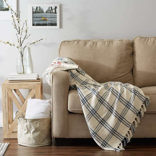 DII Modern Farmhouse Plaid Collection Cotton Fringe Throw Blanket, 50x60, White/French Blue
