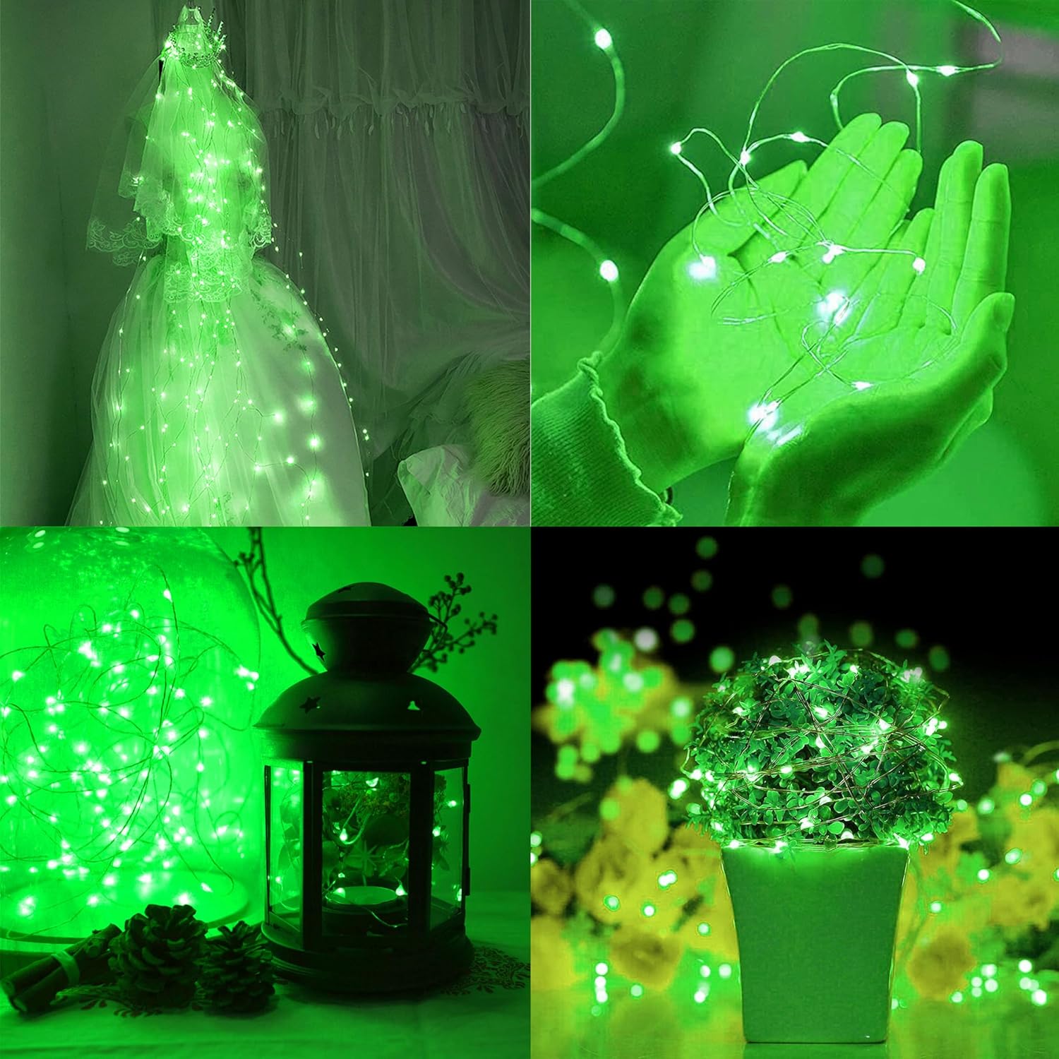 Skiennix 6 Pack Fairy Lights - 7ft 20 LED Waterproof Silver Wire String Lights for DIY Wedding Décor | Green