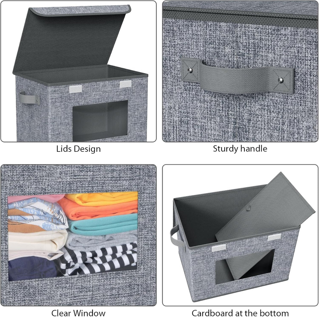 Univivi Foldable Storage Boxes - Large Collapsible Bins with Lids | 4-Pack Grey Organizers (17'' x 12'' x 12'')