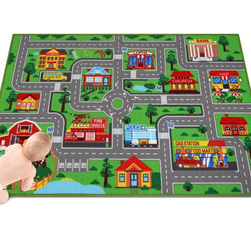 Kids Carpet Playmat Rug 59"x39.4", Car Rug for Kids Cars, Non-Slip Town City Road Map Kids Rugs for Playroom Bedroom Boys, Kids Cars Play Mat Track Road Rugs for Kid(59X39.4Inch,Green)