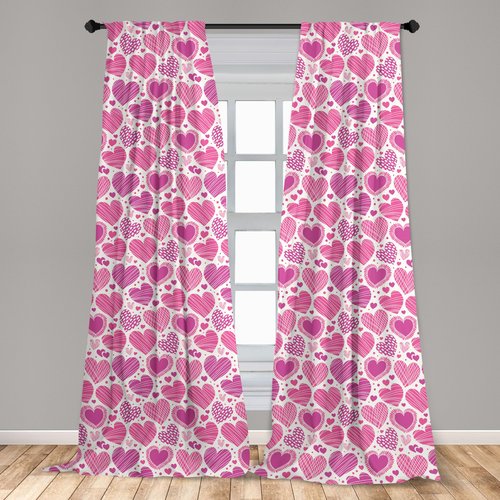 Ambesonne Valentines Window Curtains Pack of 2, Romantic Heart Shapes with Many Different Designs Polka Dots Crossed Lines, Lightweight Set with Rod Pocket, 4 Panels of - 28" x 84", Pink White