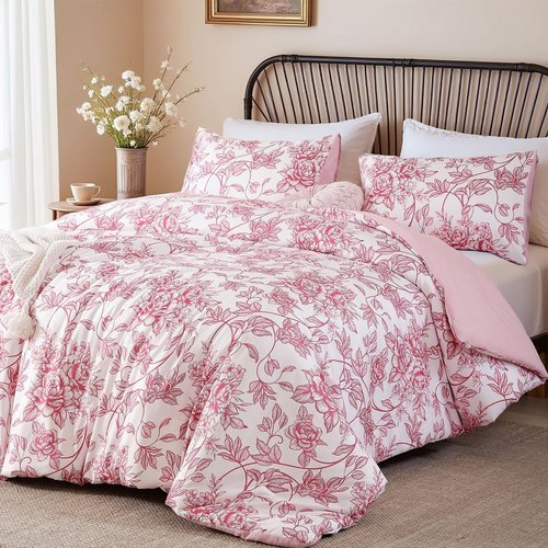 JANZAA Queen Size Comforter Set - Pink Floral Comforter, 3 Piece Cute Floral Bedding for All Season, 1 Soft Fluffy Breathable Microfiber Spring Comforter Set with 2 Pillow Shams