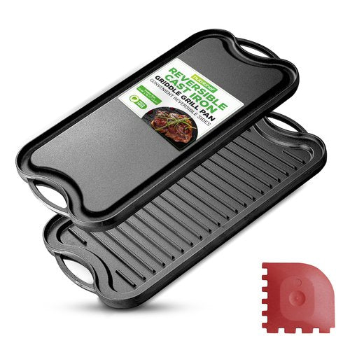 NutriChef Reversible Cast Iron Griddle Pan for Stove Top Cooking, Heavy Duty Nonstick Grill Plate with Flat & Ribbed Sides, Works as Flat Top Grill or Griddle for Gas Grill, Includes Scraper Tool