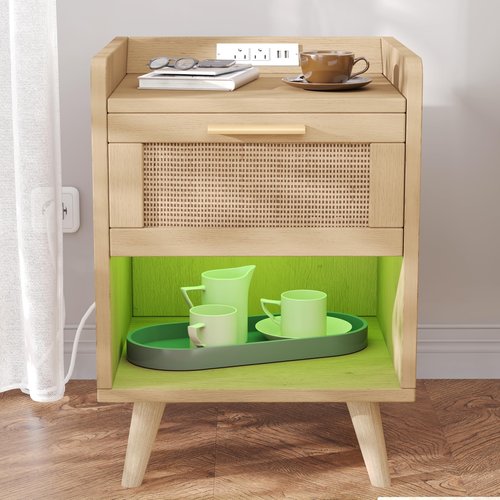 Keehusux Night Stands Set of 2, 13.8"W Nightstands with Charging Station, Boho End Table with LED Lights, Rattan Bed Side Table with Drawer & Metal Handle, Solid Wood Feet, for Bedroom, Dorm, Natural