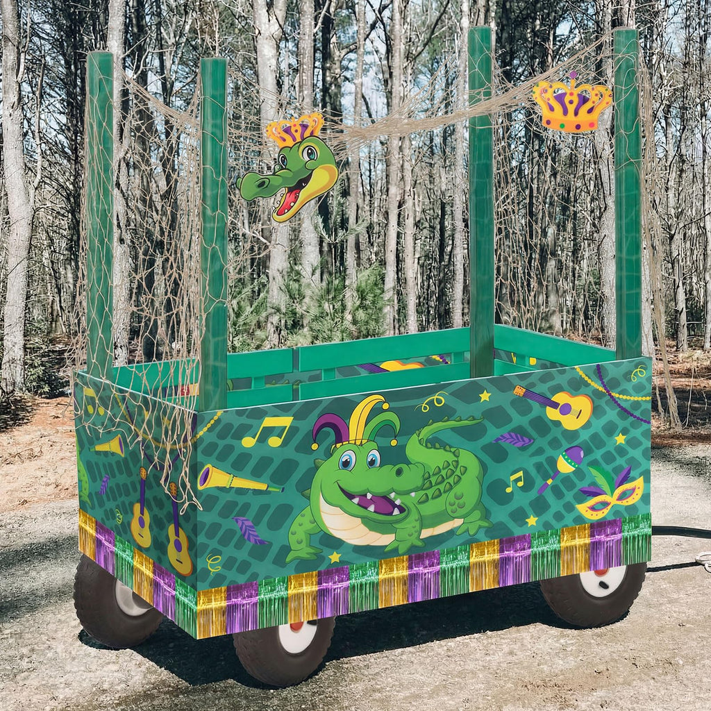 Saypacck 6 Pcs Mardi Gras Wagon Float Decoration Set 1 Crocodile Cloth 1 Crown 1crocodile Head 1beige Cotton Twine Net 1purple Golden Rain Curtain 1felt Hairband for Carnival Float Parade Party Supply