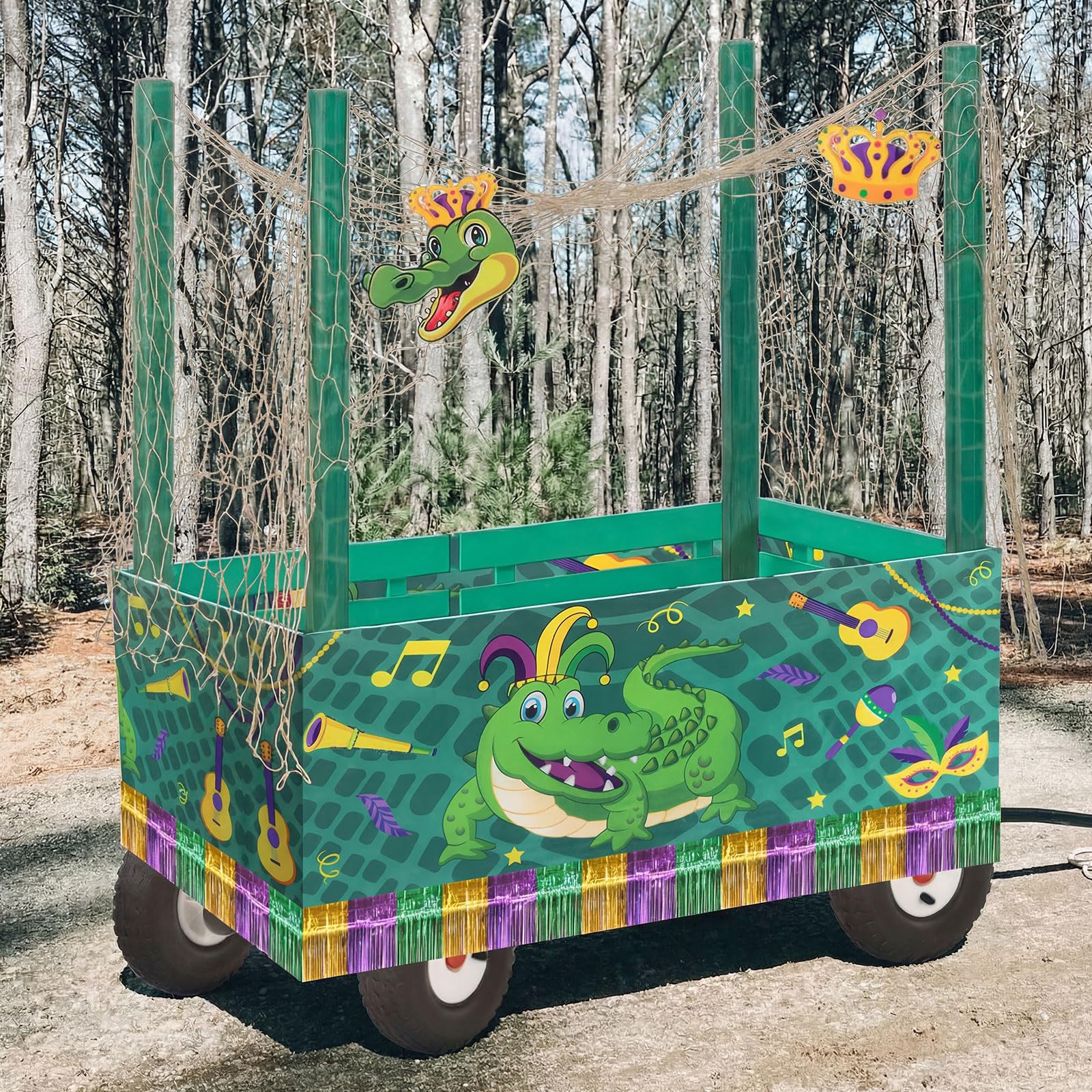 Saypacck 6 Pcs Mardi Gras Wagon Float Decoration Set 1 Crocodile Cloth 1 Crown 1crocodile Head 1beige Cotton Twine Net 1purple Golden Rain Curtain 1felt Hairband for Carnival Float Parade Party Supply