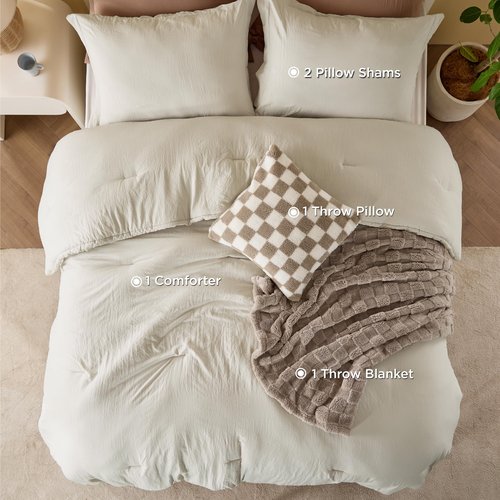 Bedsure King Comforter Set 5 Pieces - Bed in a Bag with Checkered Throw Blanket and Decorative Pillow, Lightweight Bedding Comforter Sets, All Season Boho Bedding, Linen Beige