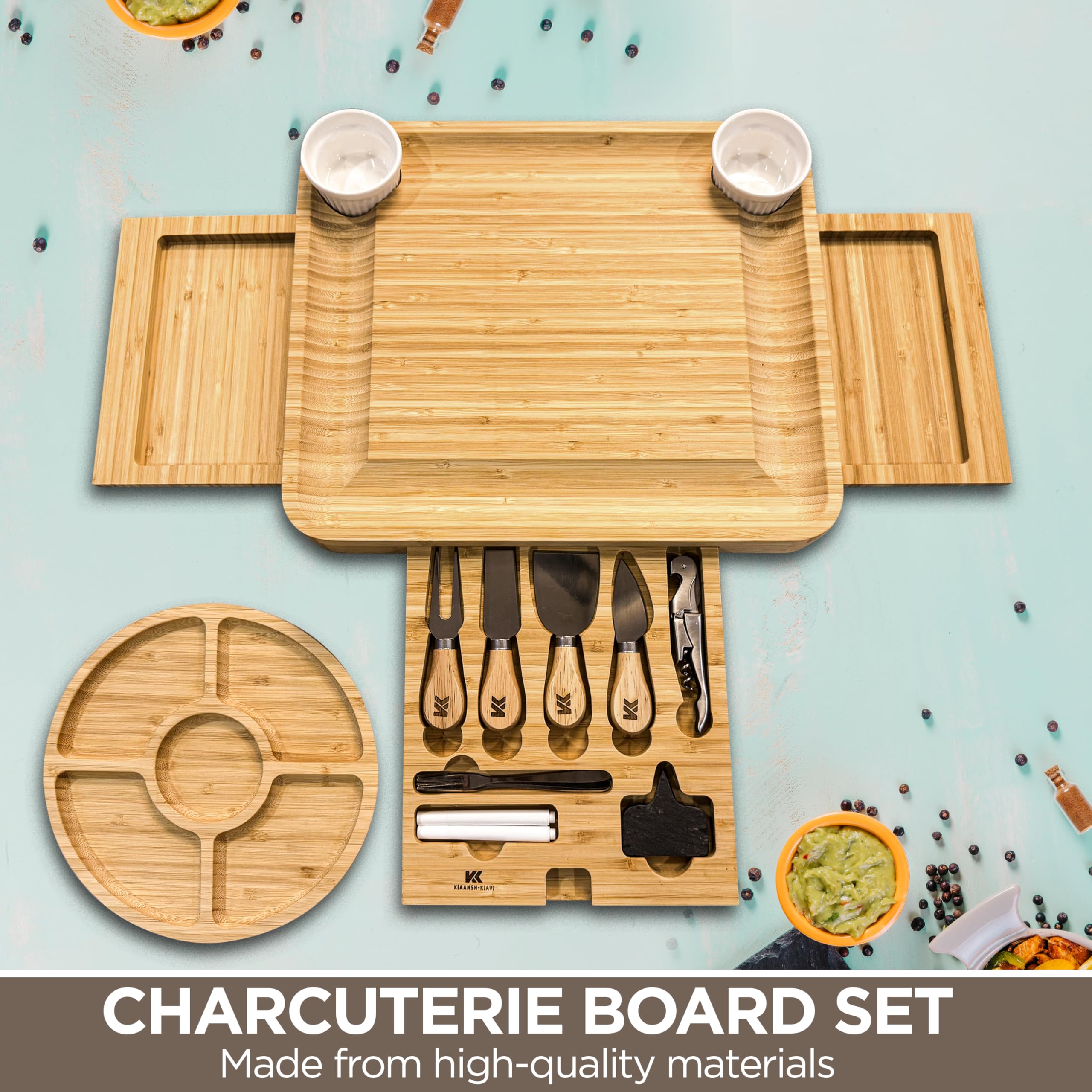 Kiaansh-Kiavi Kiaansh and Kiavi Charcuterie Boards Gift Set: Bamboo Cheese Board Set. Perfect for wedding gifts, Bridal shower and House Warming Gifts., Large
