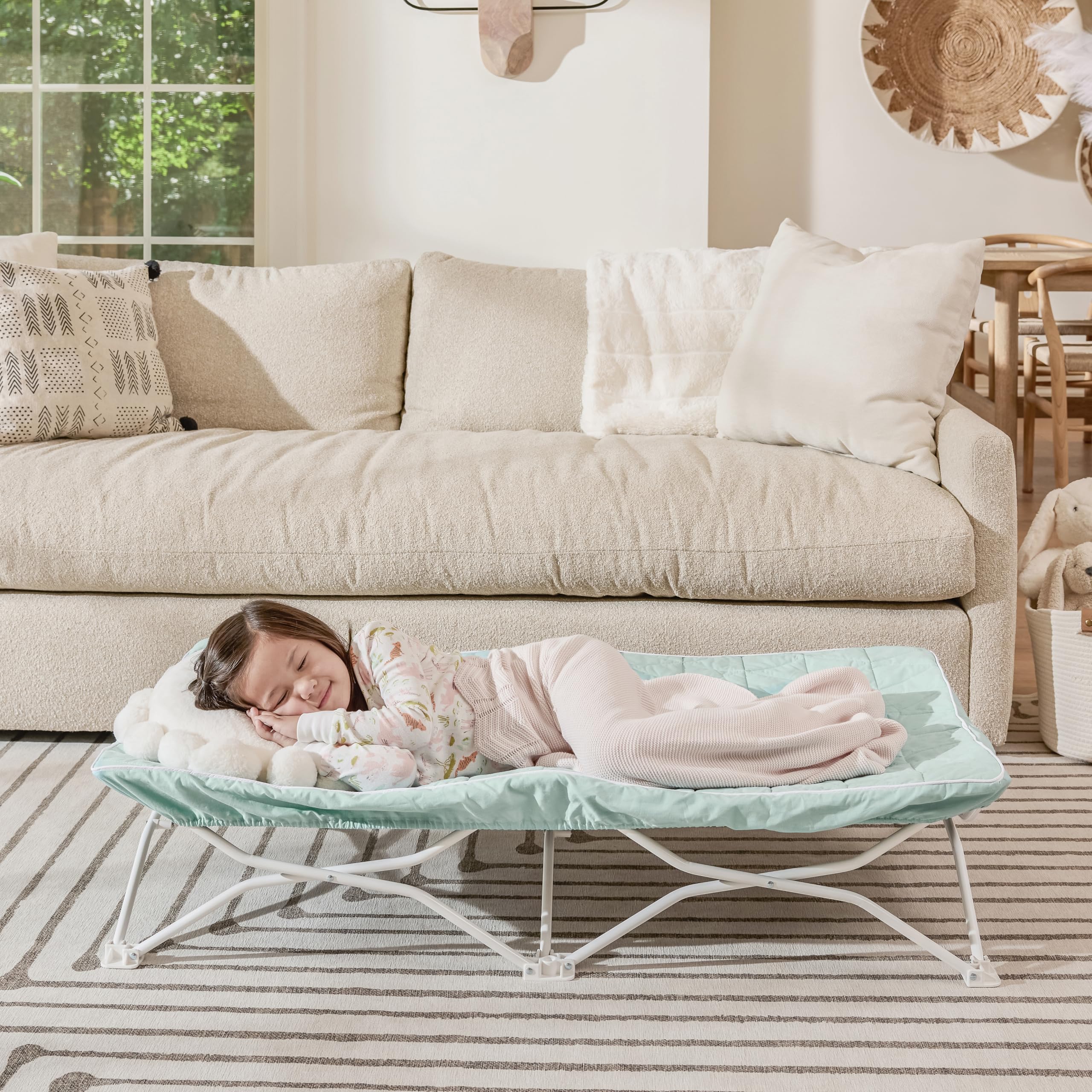 Regalo My Cot® Portable Toddler Bed with Fitted Sheet, Foldable Kids Travel Bed & Camping Cot, Includes Washable Quilted Sheet, 48” x 24.5” x 9”, Seafoam
