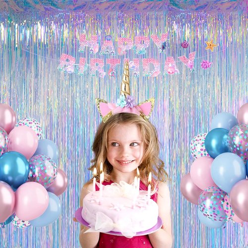 Melsan Iridescent Party Decorations - Holographic Tinsel Foil Fringe Curtain | 2 Packs, 3.2 x 6.56 ft for Mermaid Birthday Parties