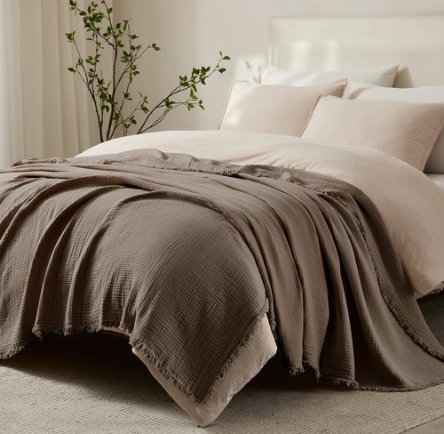 WDCOZY 100% Cotton Muslin Blanket Queen Size 4-Layer for Bed Breathable Lightweight Soft Large Boho Farmhouse Linen Tassels Ruffle Gauze Blankets 90x90 Inches Brown Mocha Chocolate Coffee Taupe