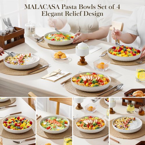 MALACASA Pasta Bowls - 48 Oz Large Ceramic Salad Bowls | Modern Relief Design, Set of 4, Microwave & Dishwasher Safe