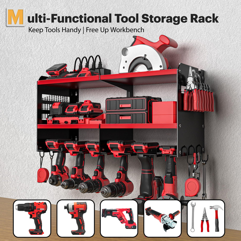 Spampur Power Tool Organizer Wall Mount with Charging Station, 15 Min Assembly & Maximum 420lbs Load by Heavy Duty Metal, 8 Slots for Cordless Drill, Tool Battery Holder with 6 Outlet Power Strip