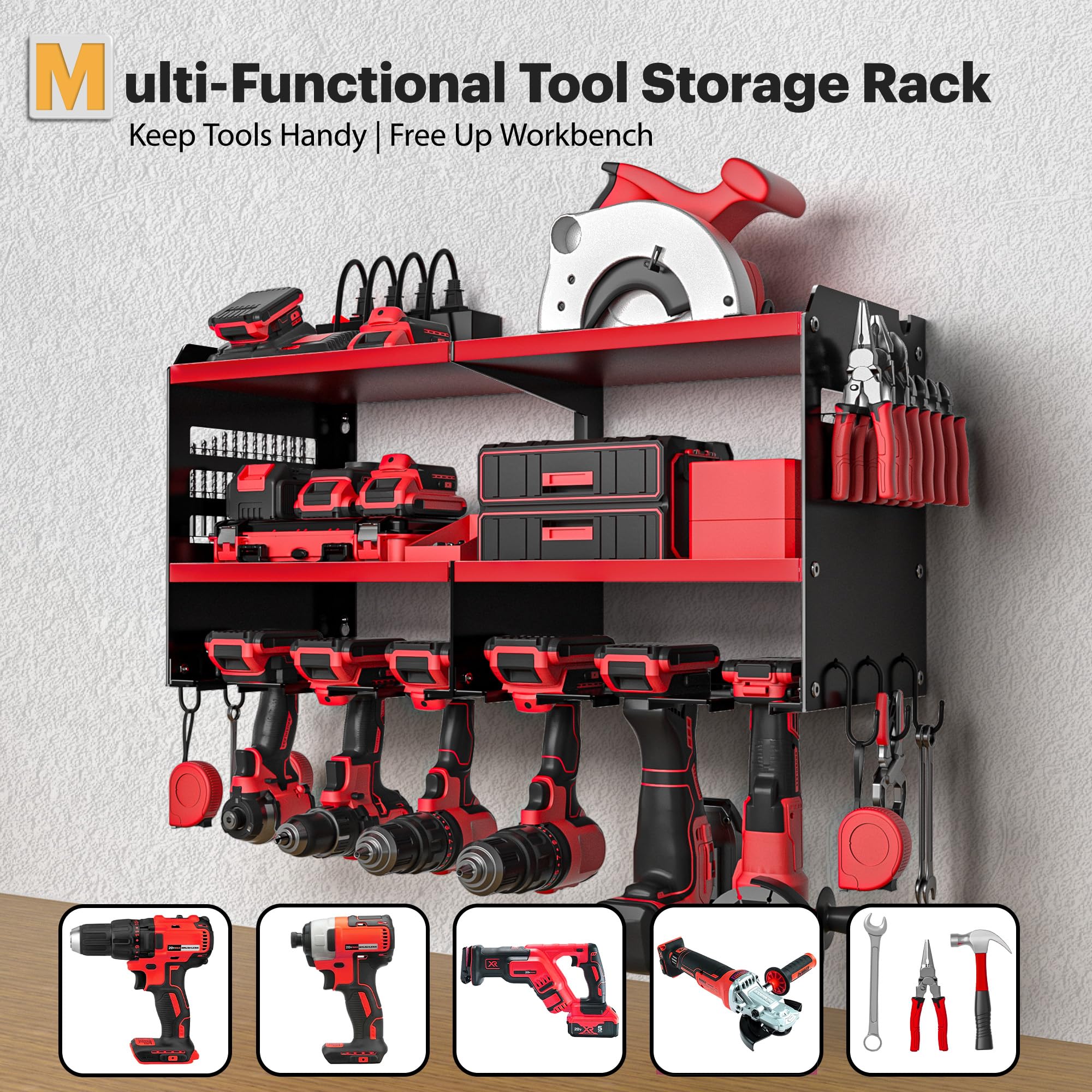 Spampur Power Tool Organizer Wall Mount with Charging Station, 15 Min Assembly & Maximum 420lbs Load by Heavy Duty Metal, 8 Slots for Cordless Drill, Tool Battery Holder with 6 Outlet Power Strip